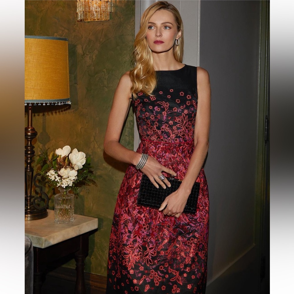 NWT Carlisle Formal Embroidered Black and Red Floral Midi Dress - Picture 14 of 14